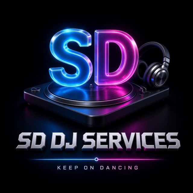 SD DJ Services — glowing SD logo on a turntable with headphones